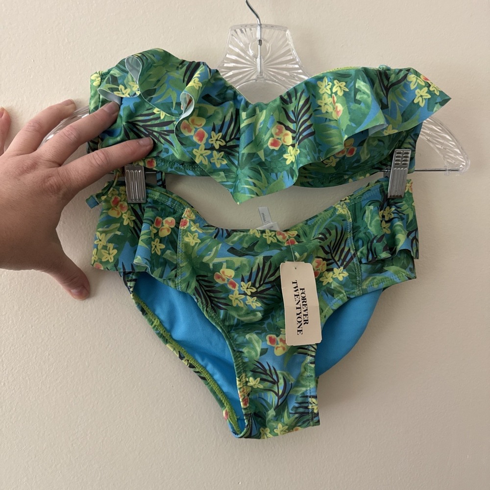 Forever 21 2pc Bikini Swimsuit Womens S Bandeau Top Ruffled Bottom No Neck Strap